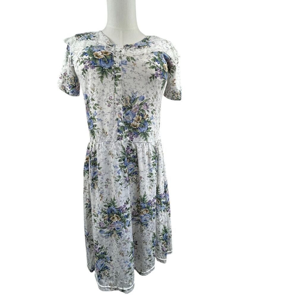 VTG 80s Floral Midi Dress Size M Blue Coquette Shoulder Pads Lace Trim Spring